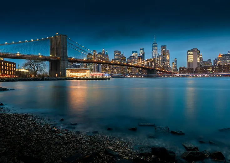 Panoramic view of a large city at dusk.
